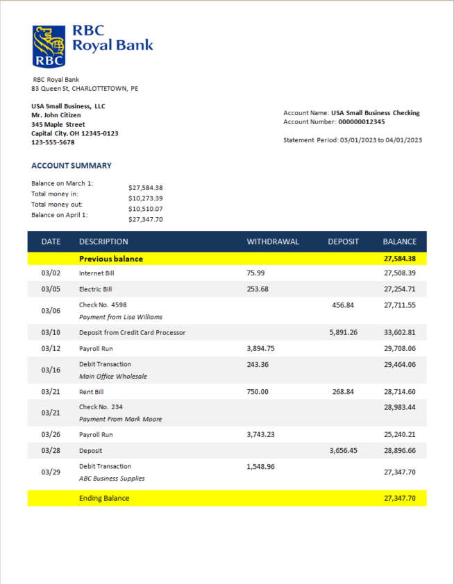 Modèle Word et PDF de relevé de compte chèque d'entreprise RBC Banque Royale